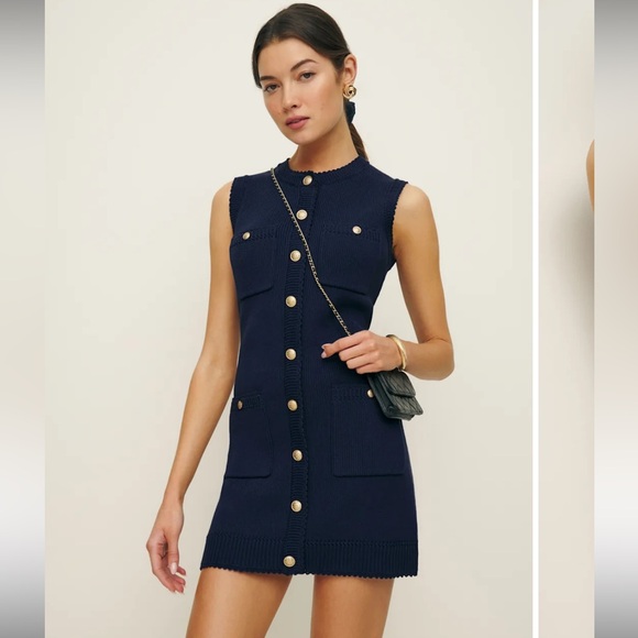 Reformation Large Catalina  Cotton Mini Dress size L Navy with Gold Details - Picture 3 of 10